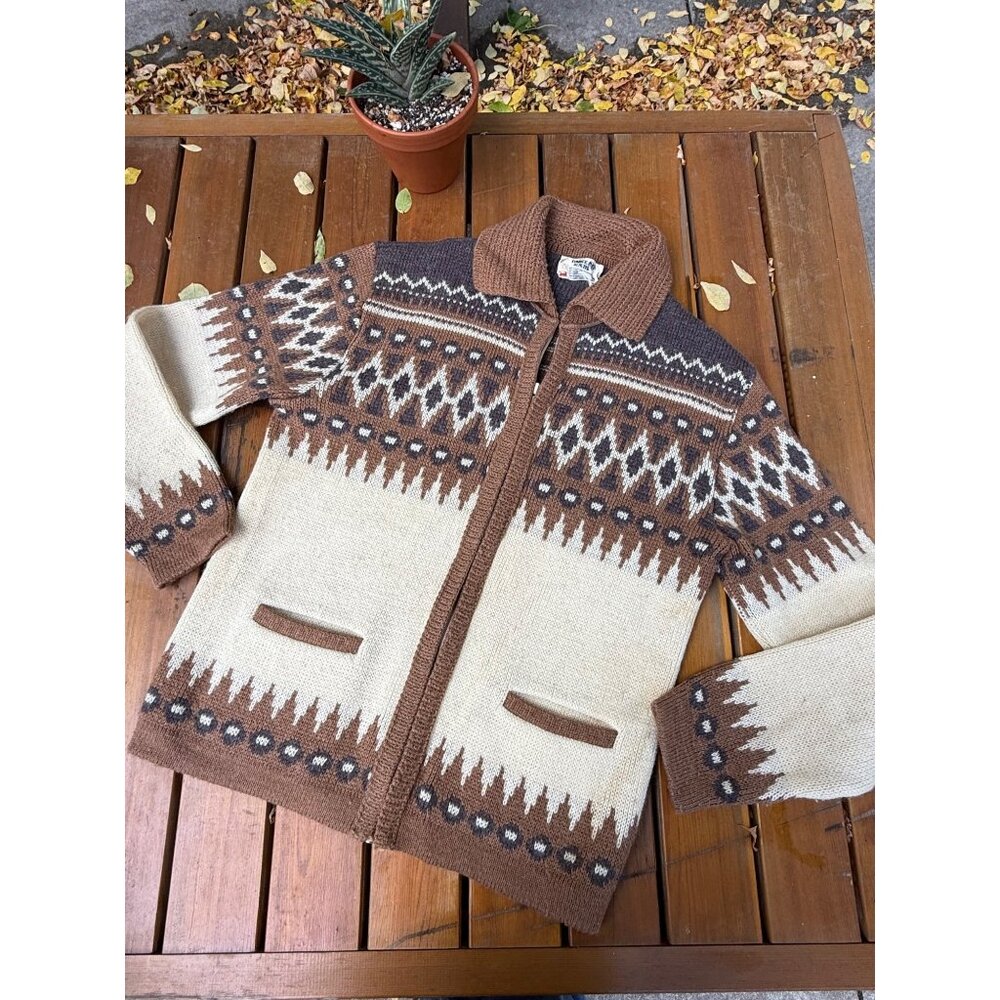 80s An Original White Ram Knitting Co Ltd Cardigan Sweater Full Zip Ivory Brown